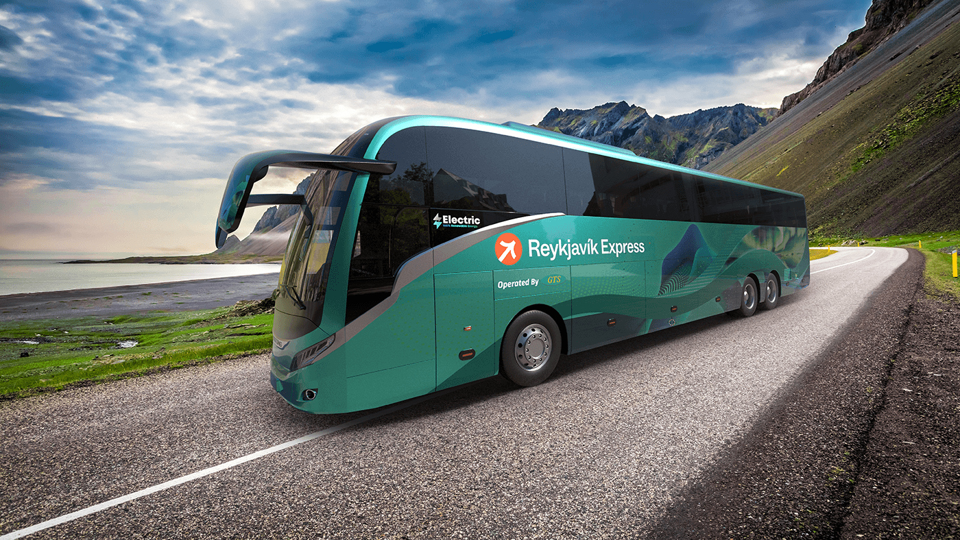 Reykjavik Express electric coach on an Icelandic road