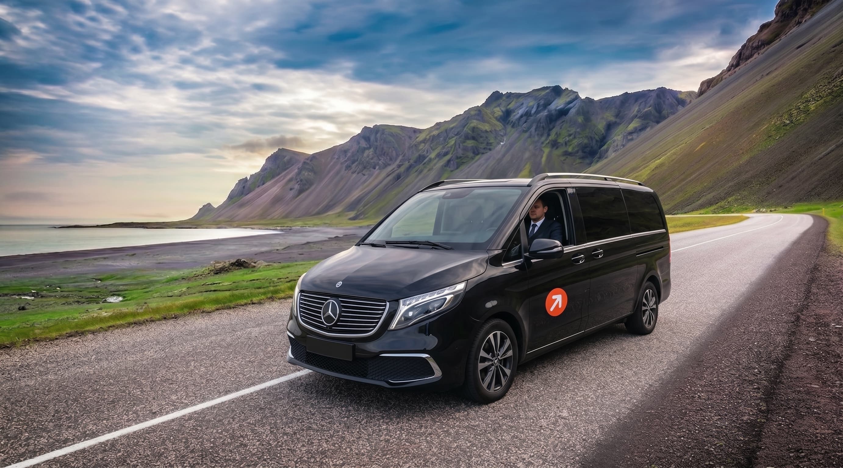 Reykjavik Express Mercedes EQV private-transfer van on an Icelandic road